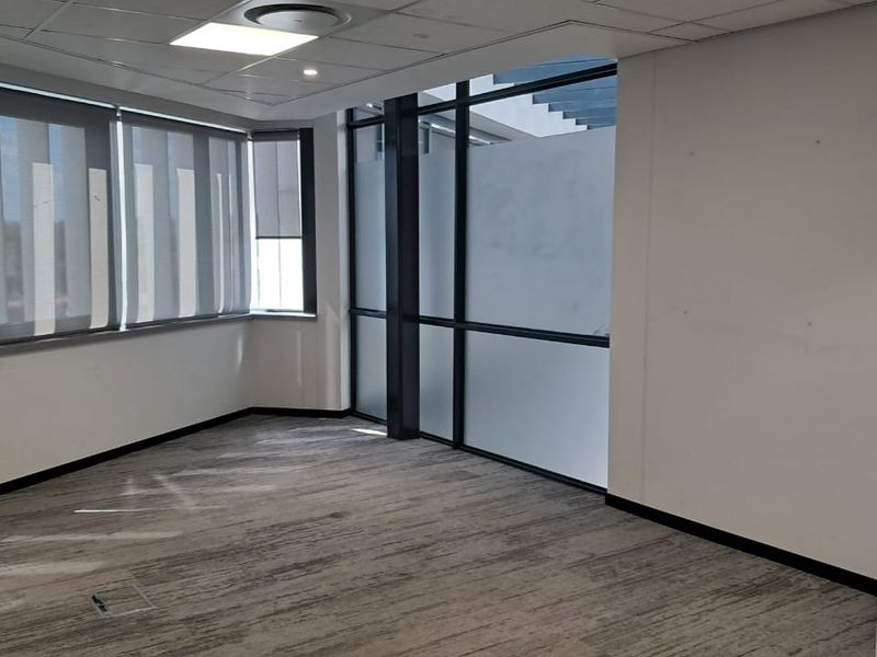 A bright, vacant office space featuring large windows with fitted blinds, recessed ceiling lighting, and modern carpet flooring.