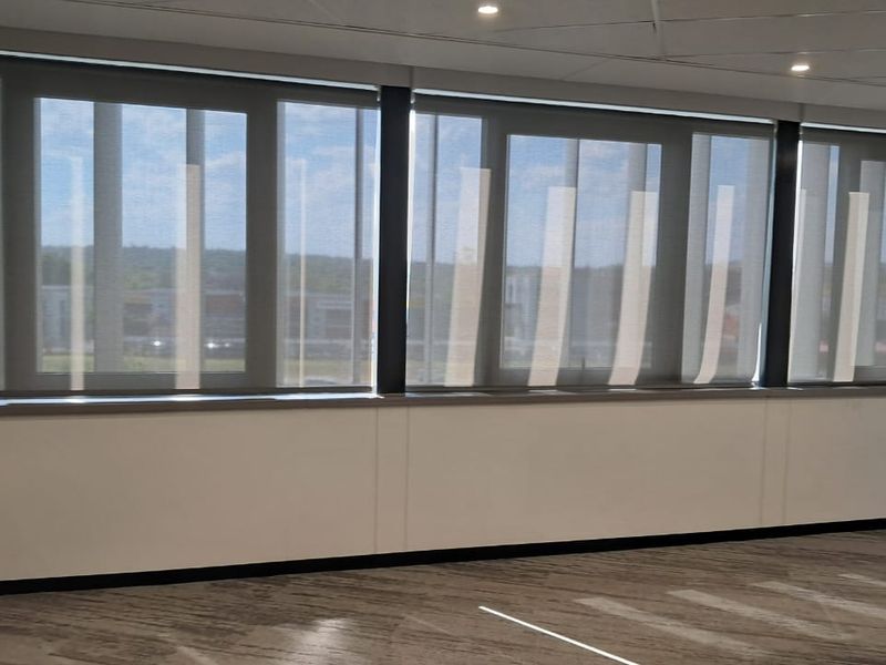 A bright, modern office space featuring large windows with fitted roller blinds, recessed ceiling lighting, and durable wood-look flooring.