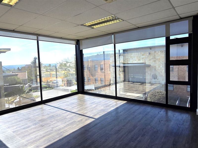 A bright, empty office space featuring floor-to-ceiling windows, laminate flooring, and a suspended ceiling with recessed lighting.