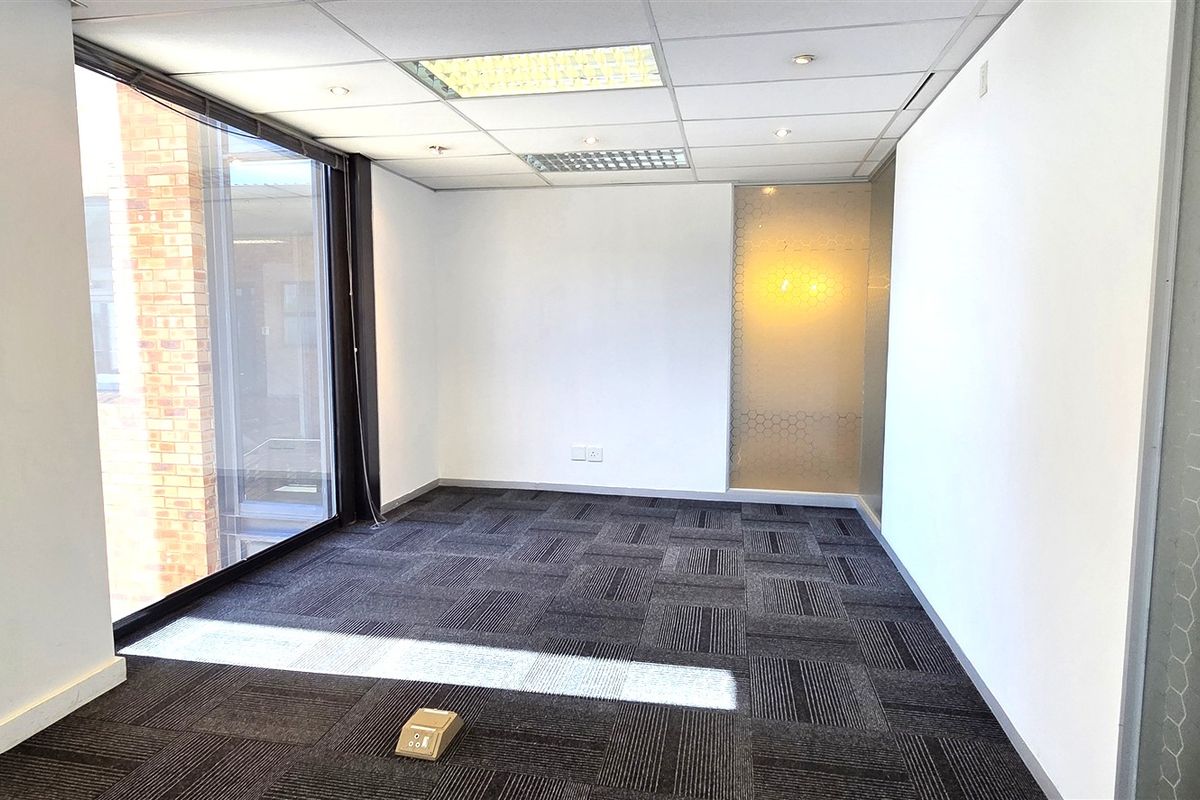 A bright, vacant office space featuring modern carpet tiles, a suspended ceiling with recessed lighting, and large windows providing natural light.