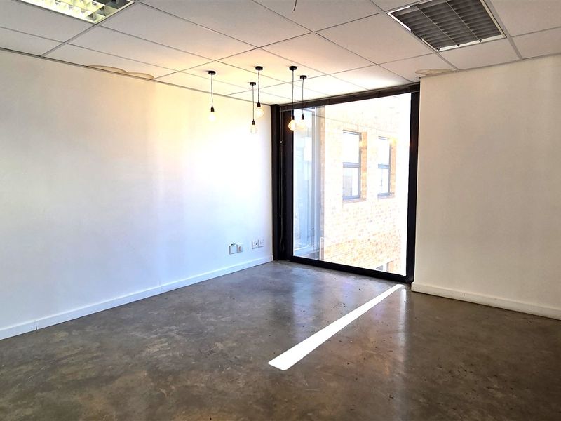A bright, empty office space featuring polished concrete flooring, a suspended ceiling, and a large window providing natural light and exterior views.