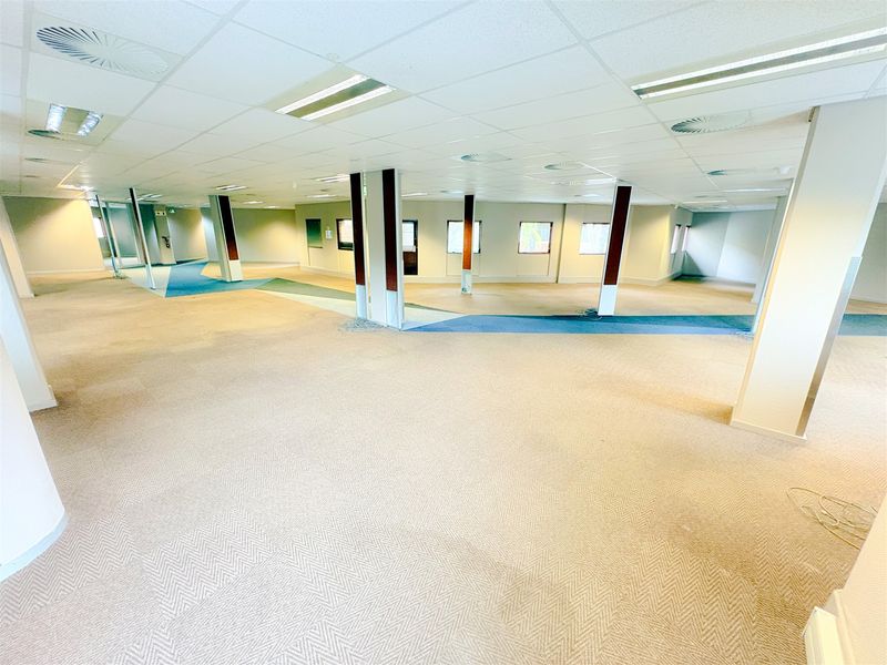 A large, open-plan office space featuring a suspended ceiling, recessed lighting, and structural columns, offering a versatile layout for various business configurations.