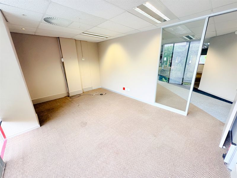 An empty office space featuring a glass partition wall, suspended ceiling with recessed lighting, and carpeted flooring.