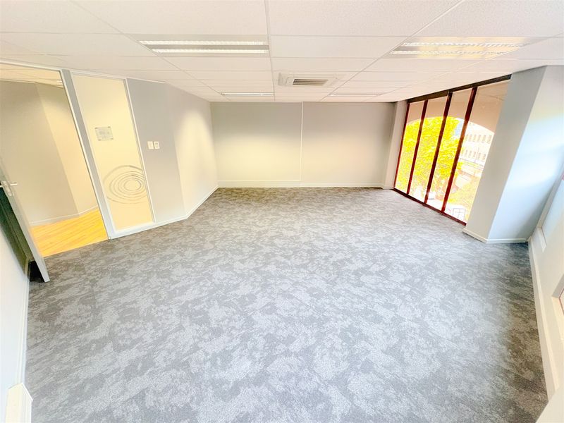 A bright, vacant office space featuring neutral carpeting, a suspended ceiling with recessed lighting, and large windows providing natural light.