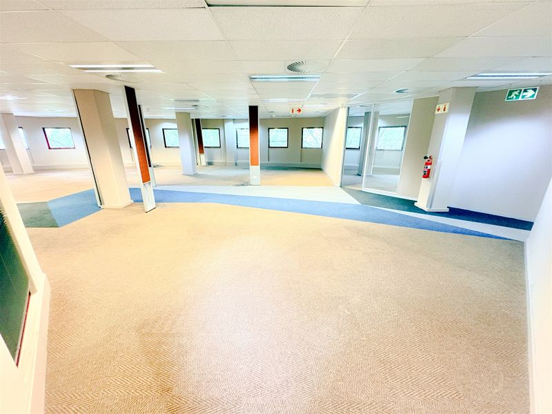 Spacious open-plan office area featuring suspended ceilings, recessed lighting, and durable carpet tiles, offering a versatile workspace layout.