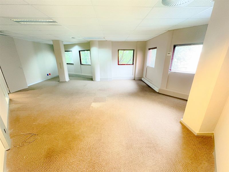 An open-plan office space featuring neutral carpeting, structural columns, suspended ceilings with recessed lighting, and multiple windows providing natural light.