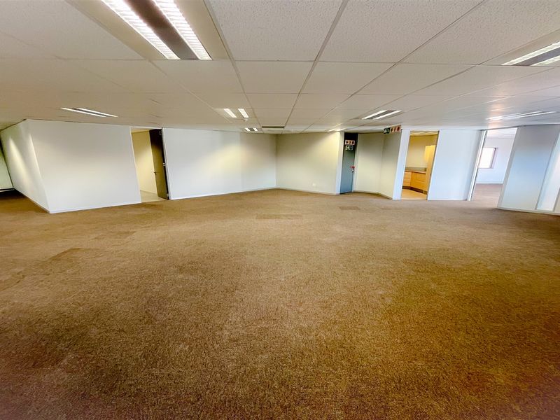 A large, open-plan office space featuring suspended ceilings, recessed lighting, and wall-to-wall carpeting, offering a versatile layout for various business configurations.