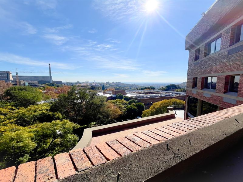 Elevated view overlooking the surrounding office park and landscape from a brick-finished terrace.