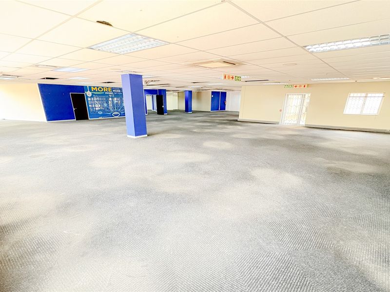 A large, open-plan office space featuring a suspended ceiling, recessed lighting, and carpeted flooring, currently vacant and ready for customization.