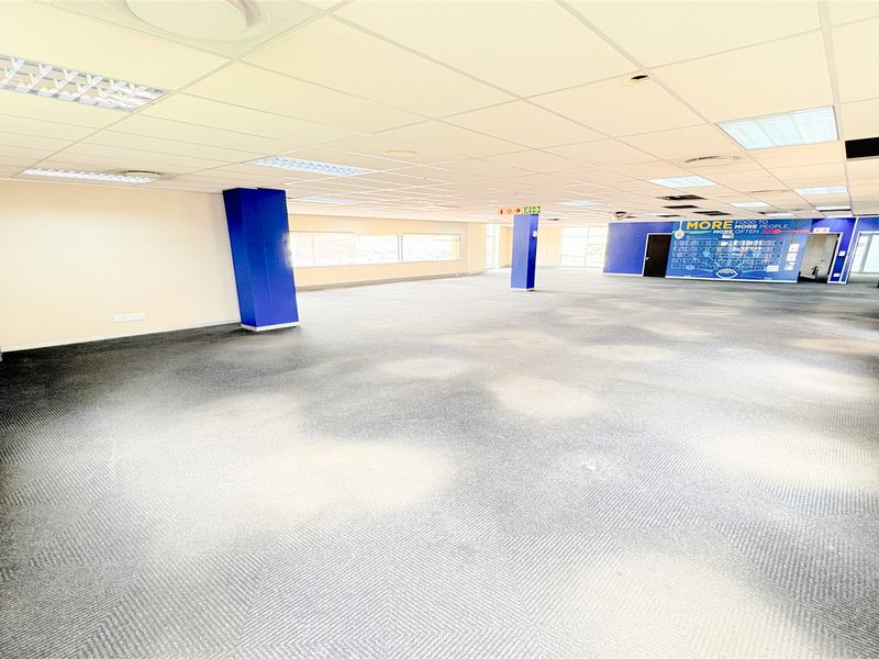 A large, open-plan office space featuring a suspended ceiling with recessed lighting, carpeted flooring, and structural columns, currently vacant and ready for fit-out.