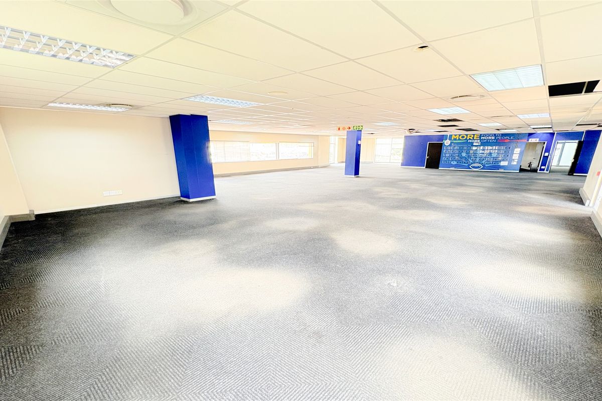A large, open-plan office space featuring a suspended ceiling with recessed lighting, carpeted flooring, and structural columns, currently vacant and ready for fit-out.