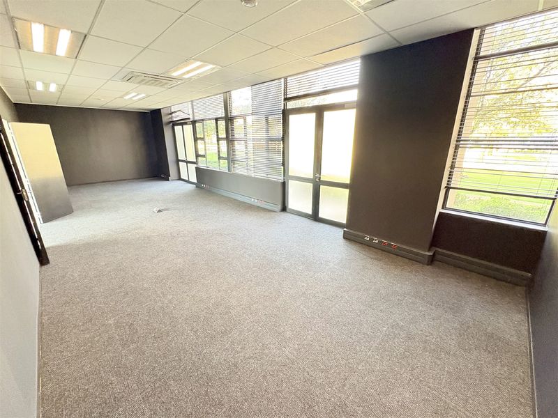 A spacious, empty office suite featuring neutral carpeting, a suspended ceiling with recessed lighting, and large windows providing ample natural light.