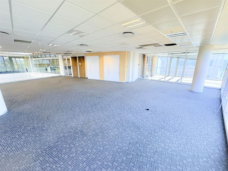 Spacious open-plan office area featuring glass partitioning, built-in storage cabinetry, carpeted flooring, and a suspended ceiling with integrated lighting.