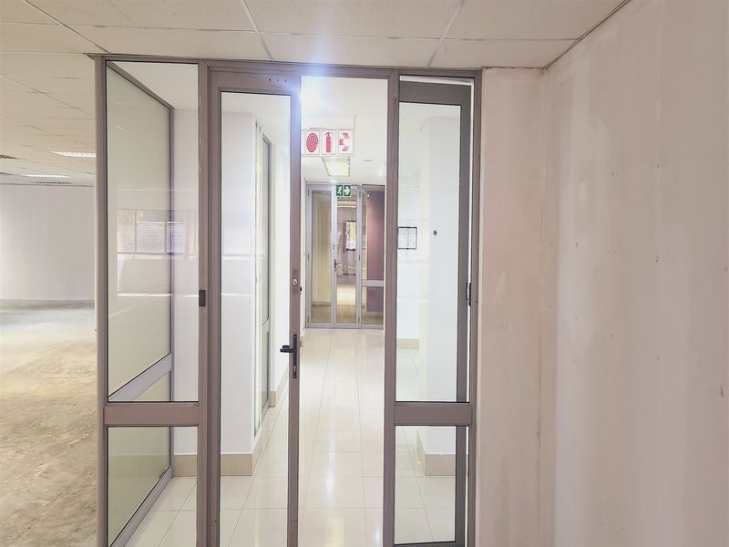 A bright, vacant office hallway featuring tiled flooring, suspended ceilings, and aluminium-framed glass partitioning doors leading to further office spaces.