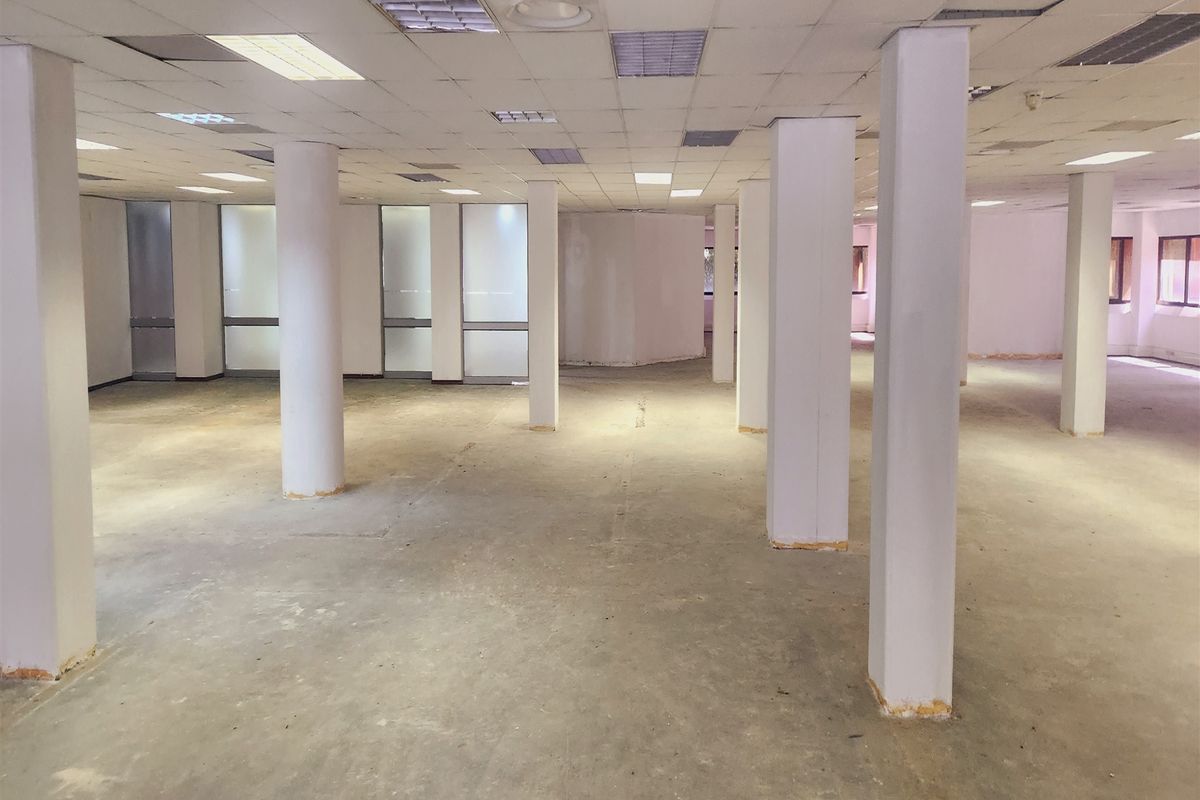 Spacious open-plan office area featuring structural columns, suspended ceilings with recessed lighting, and frosted glass partitions, ready for custom fit-out.