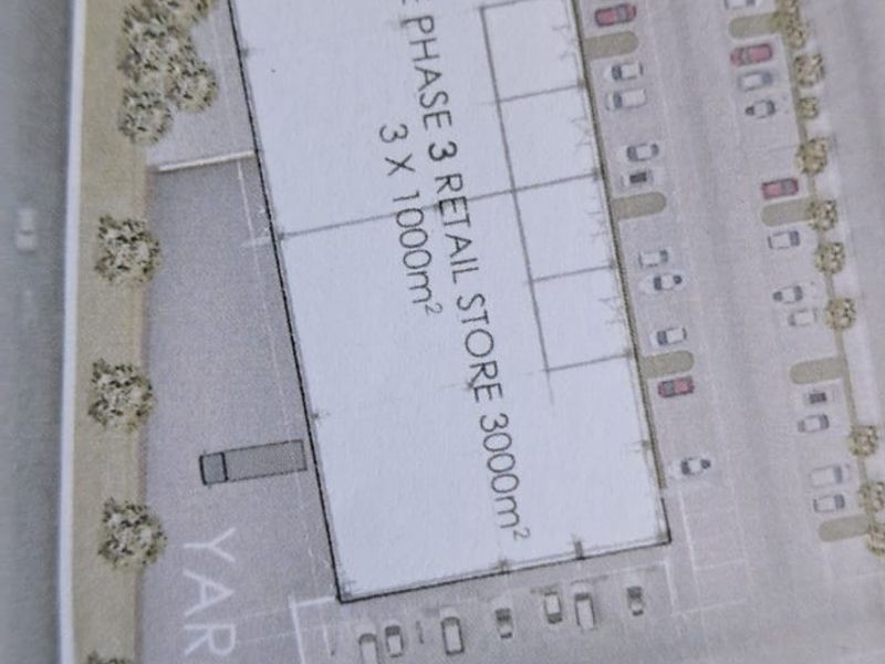 Architectural site plan showing the layout for the future phase 3 retail development, including three 1000m2 retail units and associated yard space.
