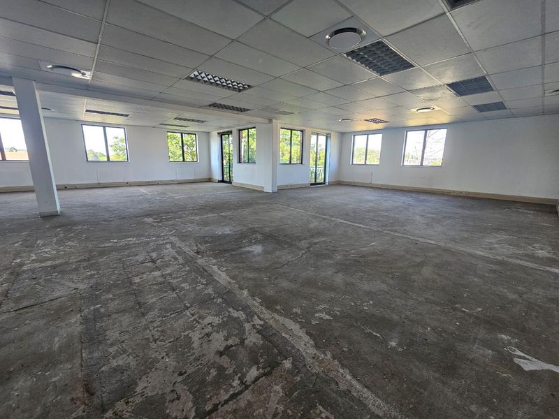Spacious open-plan office area featuring a suspended ceiling, recessed lighting, and large windows, currently awaiting final flooring installation.