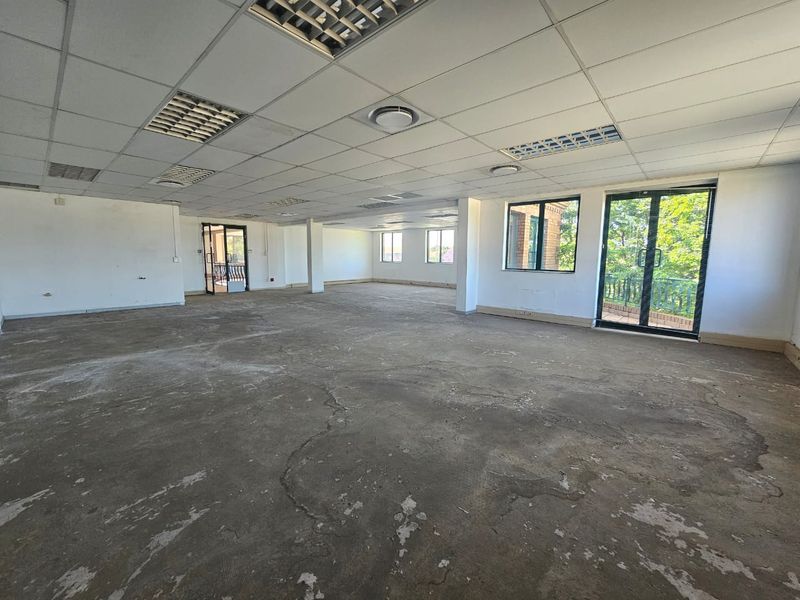 Spacious open-plan office area featuring a suspended ceiling, recessed lighting, and large windows providing natural light and balcony access.
