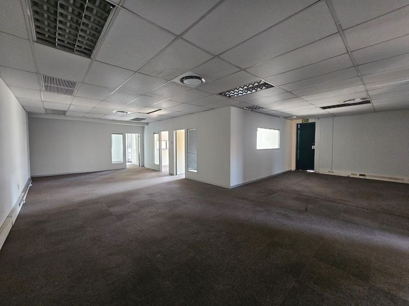 Spacious open-plan office area featuring suspended ceilings, recessed lighting, and carpeted flooring, offering a versatile layout for various business configurations.