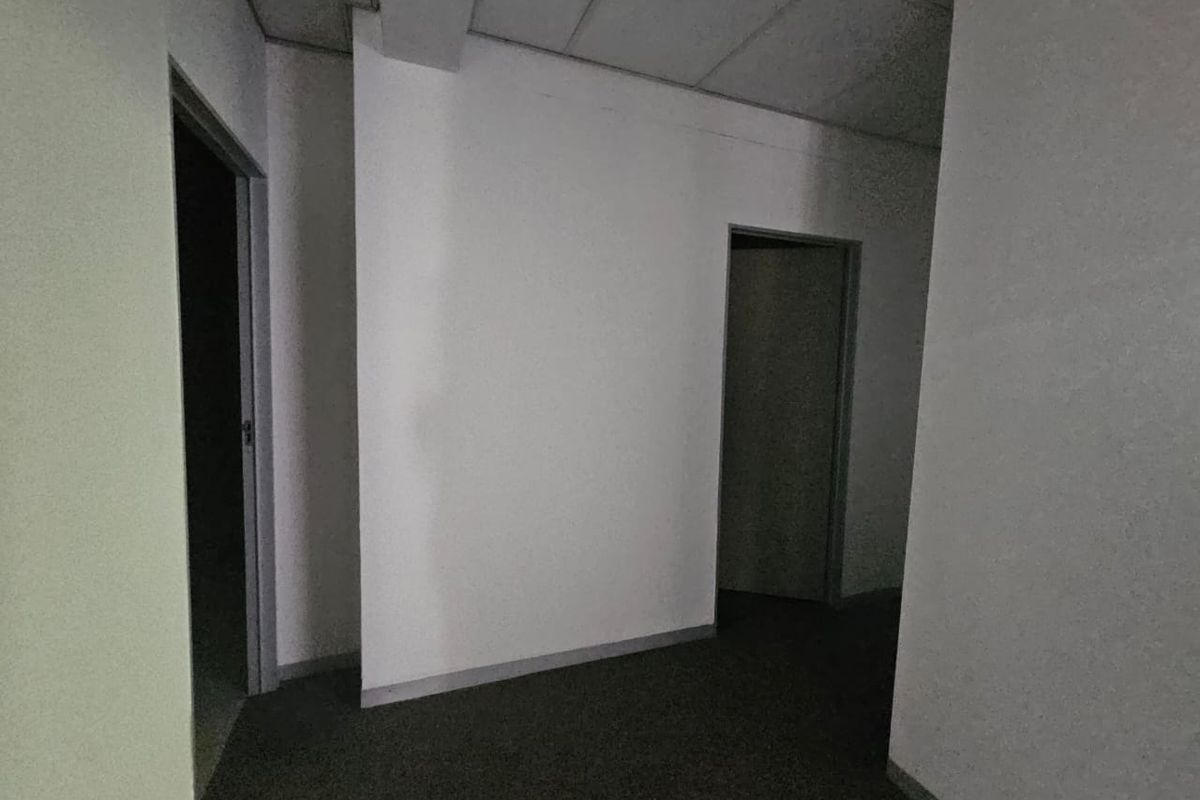 An empty, dimly lit commercial hallway featuring carpeted flooring and a suspended ceiling with multiple internal doorways.