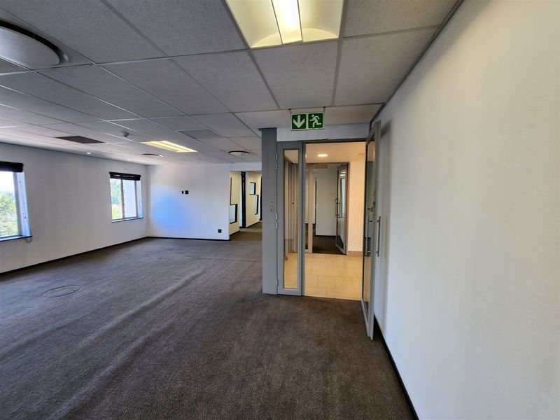 A spacious, vacant open-plan office area featuring neutral carpeting, suspended ceilings with recessed lighting, and a glass-partitioned entrance.