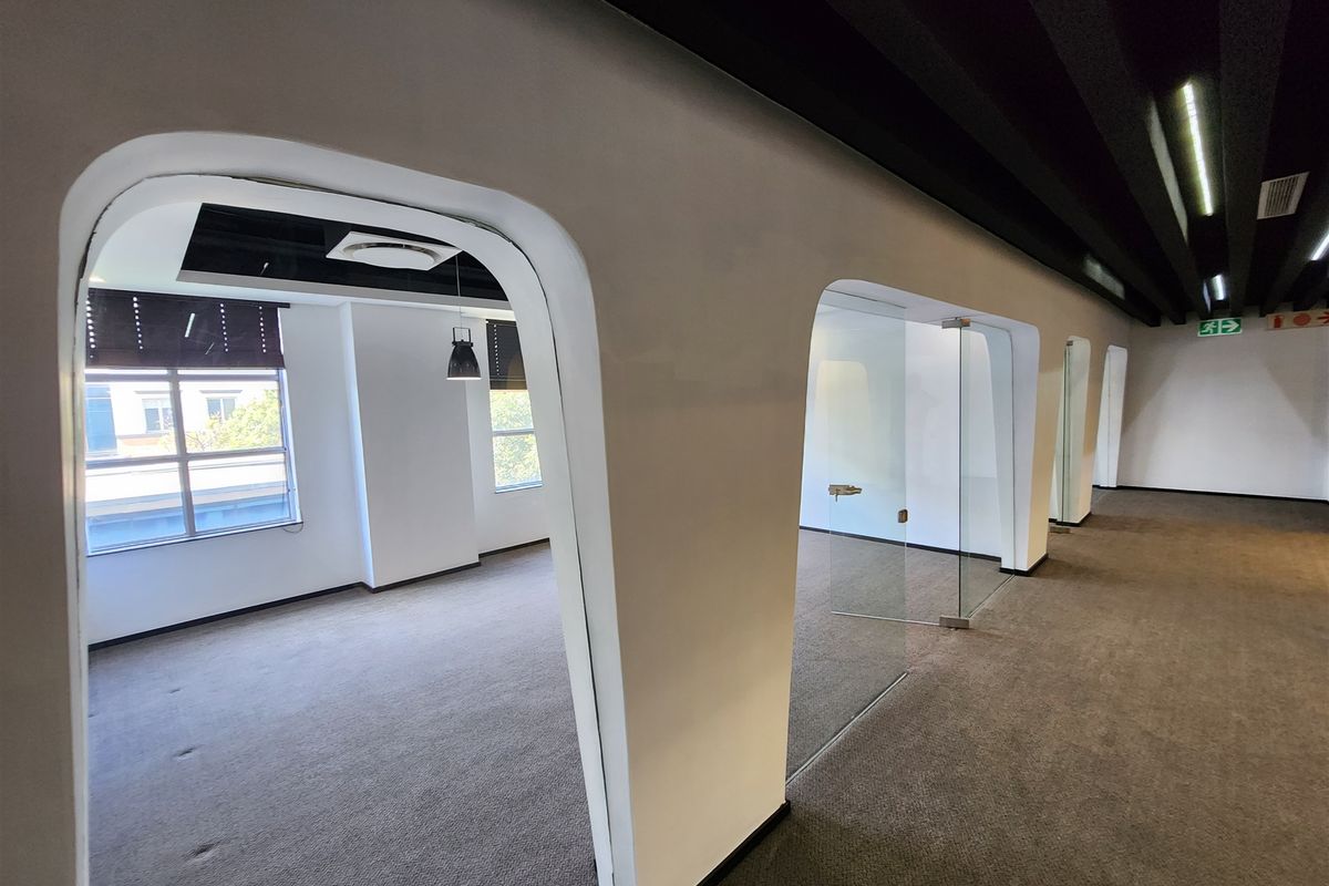 Modern office space featuring glass partitions, carpeted flooring, and distinctive black acoustic ceiling baffles, providing a professional and open work environment.