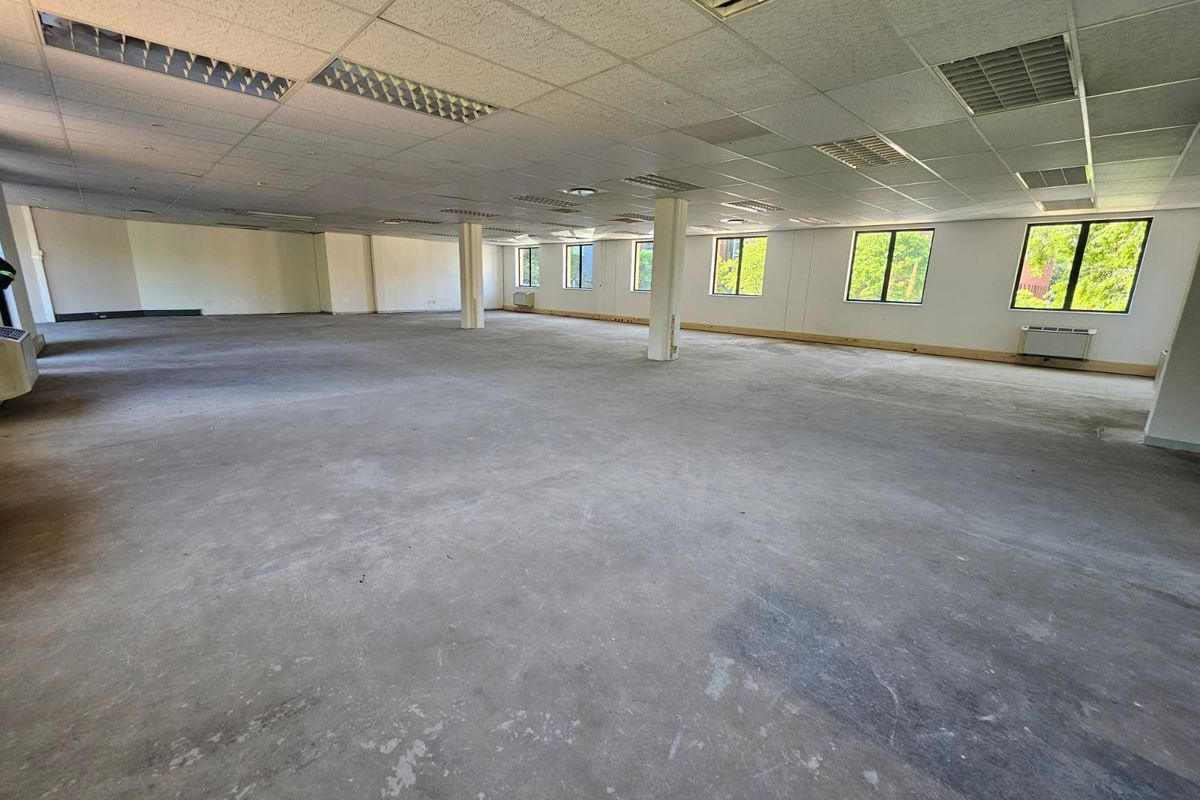 A large, open-plan office space featuring a suspended ceiling, structural columns, and expansive windows, currently vacant and ready for custom fit-out.