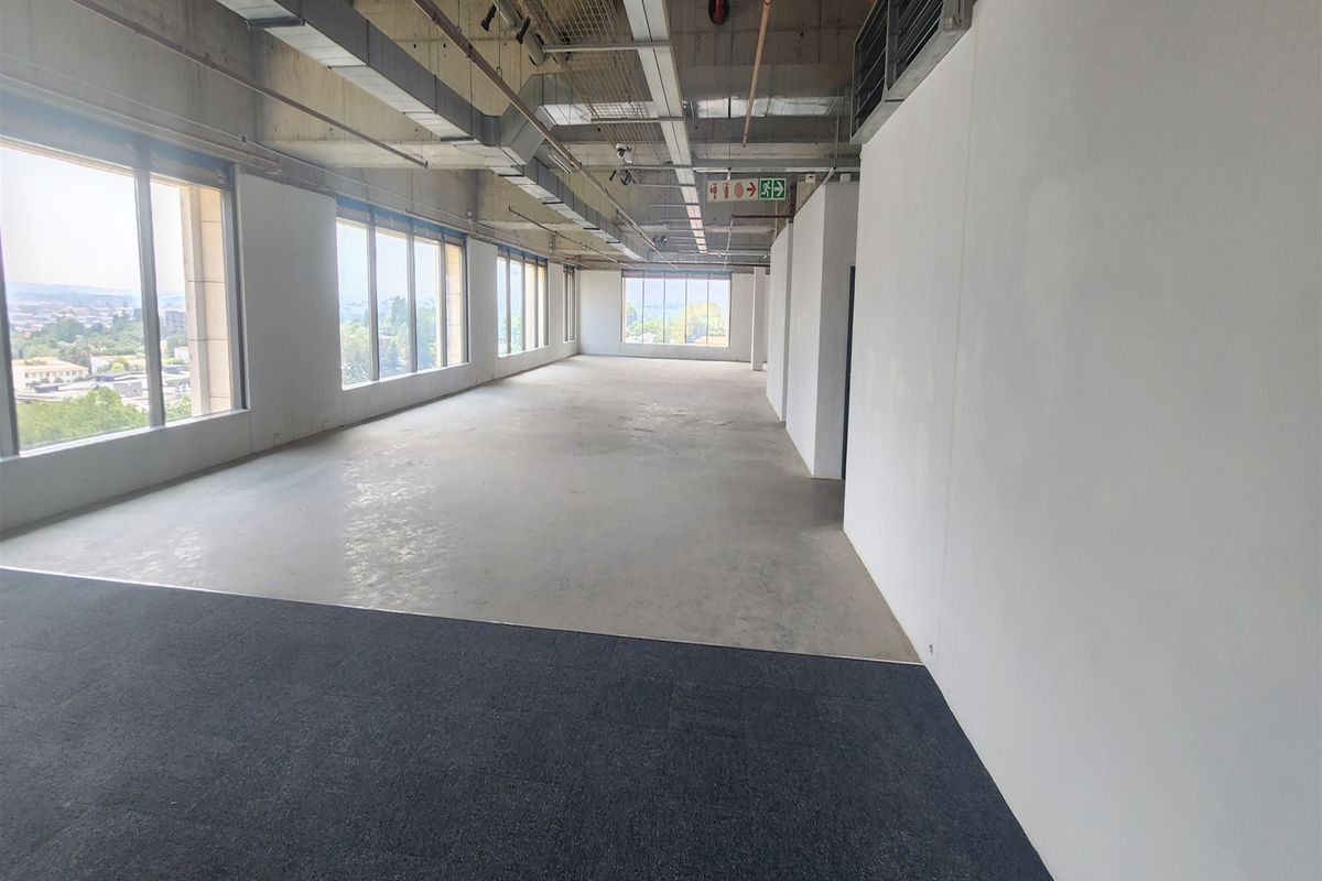 An expansive, open-plan office space featuring exposed industrial ceilings, large windows with natural light, and a mix of carpet and concrete flooring.