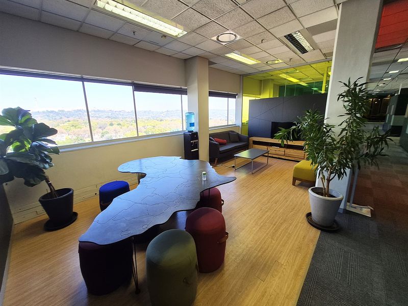 A bright, open-plan office space featuring large windows with scenic views, suspended ceilings, and a mix of laminate and carpet flooring.