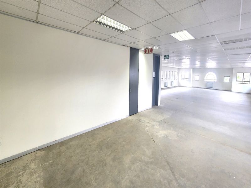 An expansive, vacant open-plan office space featuring a suspended ceiling, recessed lighting, and unfinished concrete flooring, ready for custom fit-out.