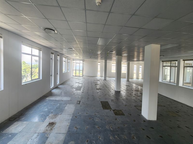 An expansive, open-plan office space featuring a suspended ceiling, structural columns, and large windows providing ample natural light.