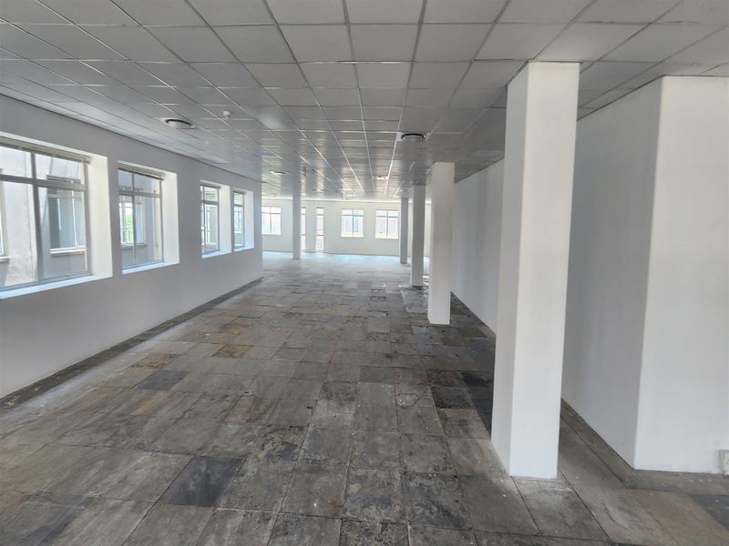 A spacious, vacant open-plan office area featuring structural columns, a suspended ceiling, and large windows providing ample natural light.