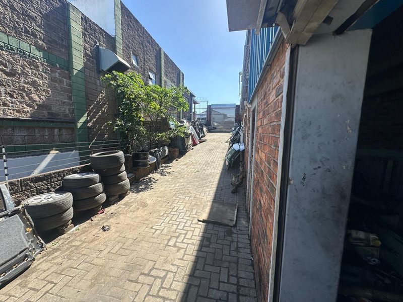 A narrow paved side alley or rear access area featuring brick boundary walls, electric fencing, and a metal roller shutter door.