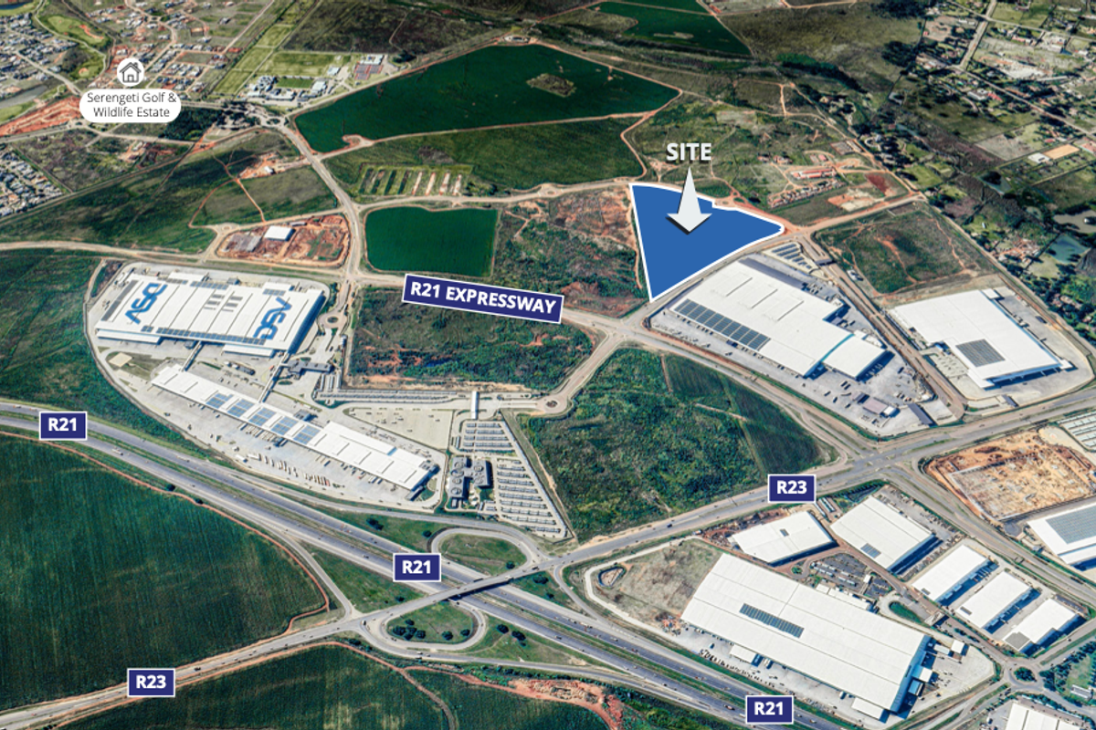 Aerial view of a strategic industrial land parcel located near the R21 expressway, offering excellent connectivity and visibility for commercial development.
