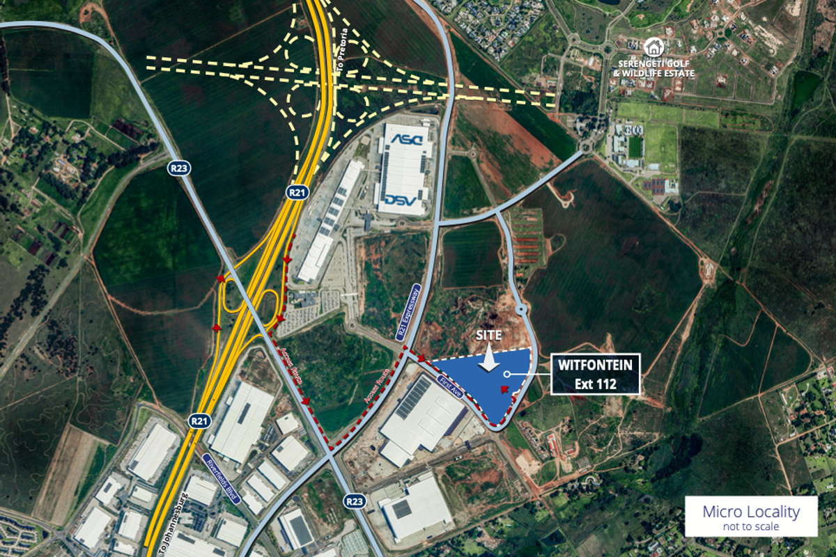 Aerial view showing the micro-locality of the industrial site in Witfontein Ext 112, highlighting proximity to major highway infrastructure.