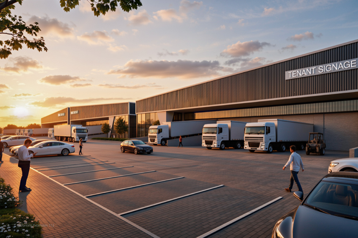 Modern industrial warehouse facility featuring large loading bays, extensive paved parking, and prominent tenant signage areas.