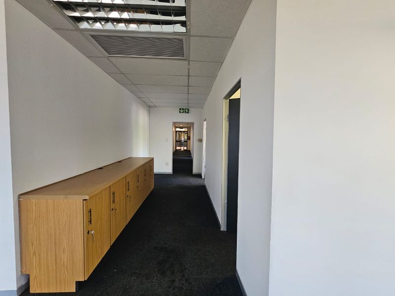 A functional office hallway featuring a suspended ceiling, recessed lighting, dark carpeting, and integrated wooden storage cabinetry.