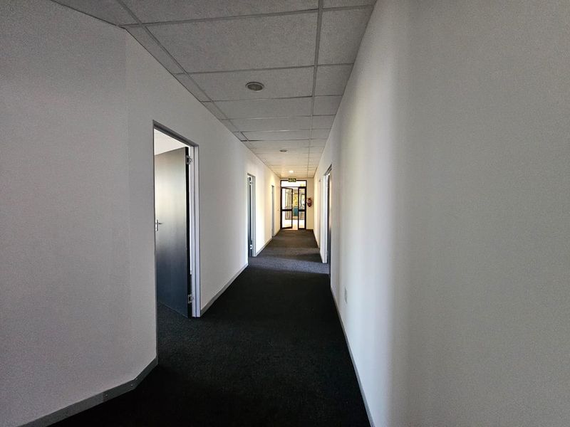 A clean, functional office hallway featuring neutral walls, carpeted flooring, and a suspended ceiling with recessed lighting.