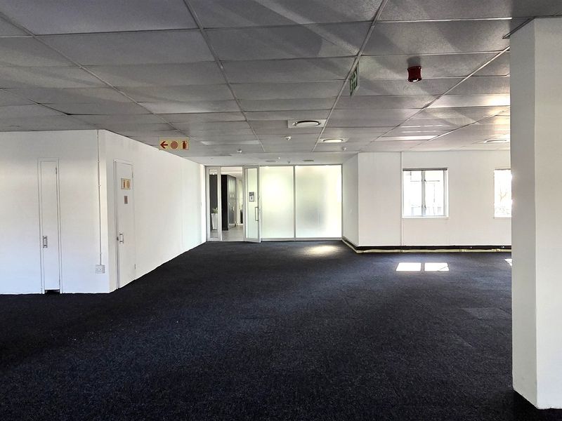 Spacious open-plan office area featuring a suspended ceiling, structural columns, and dark carpeting, offering a versatile workspace with natural light.