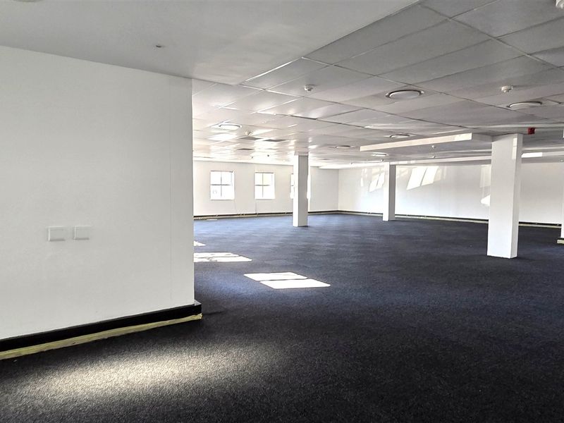 A spacious, open-plan office area featuring a suspended ceiling, recessed lighting, structural columns, and dark carpeting, offering a versatile workspace layout.