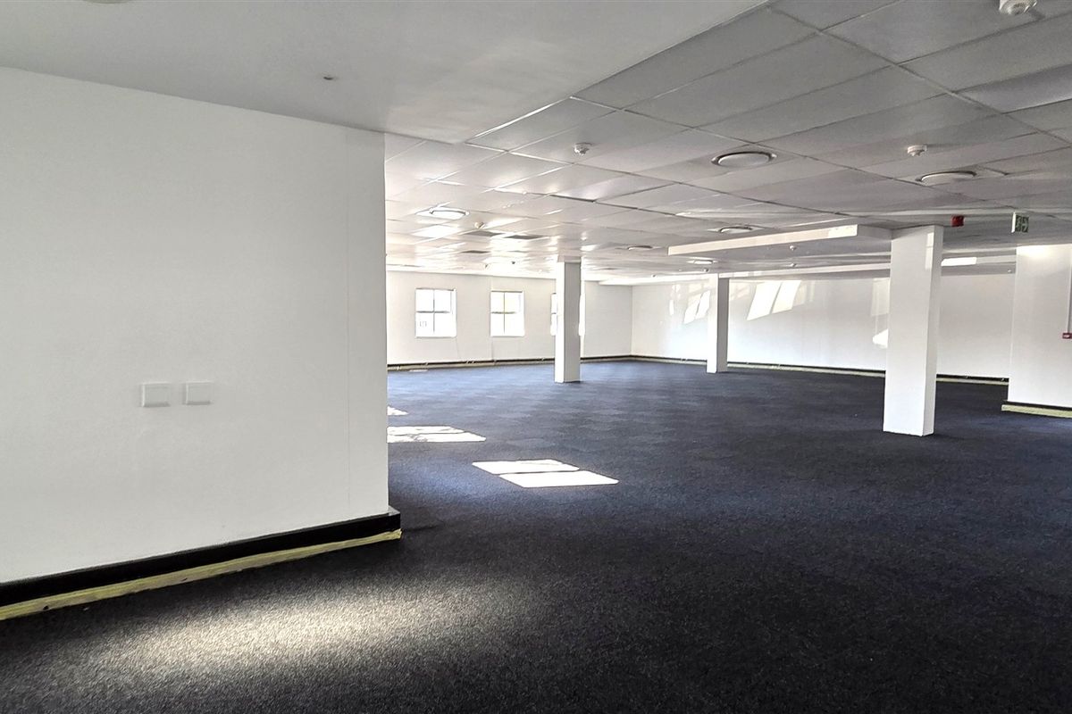 A spacious, open-plan office area featuring a suspended ceiling, recessed lighting, structural columns, and dark carpeting, offering a versatile workspace layout.