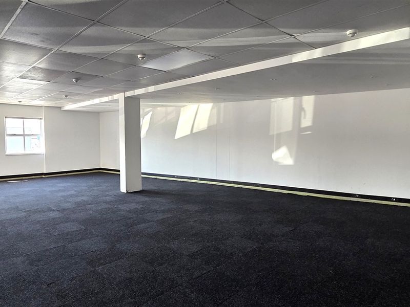 A spacious, open-plan office area featuring a suspended ceiling, recessed lighting, and dark carpet tiles, providing a clean and versatile workspace.