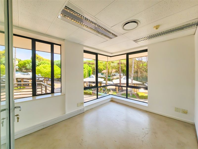 A bright, empty corner office featuring large windows with natural light, suspended ceilings, and neutral finishes, suitable for a professional workspace.