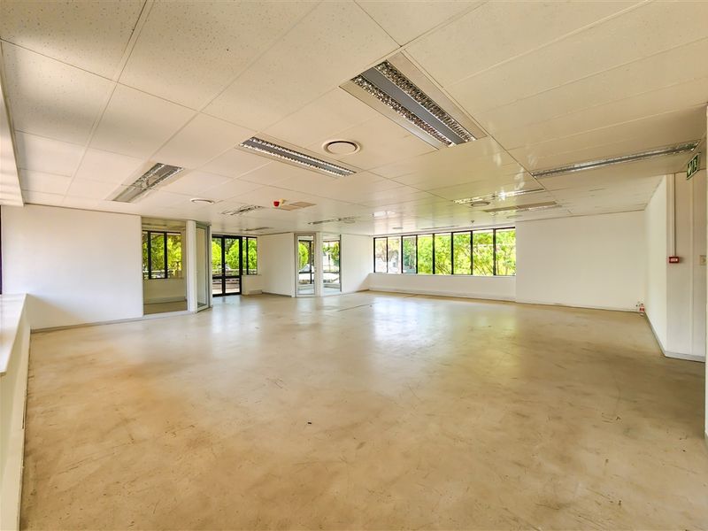 A spacious, vacant open-plan office area featuring a suspended ceiling, recessed lighting, and large windows providing ample natural light.