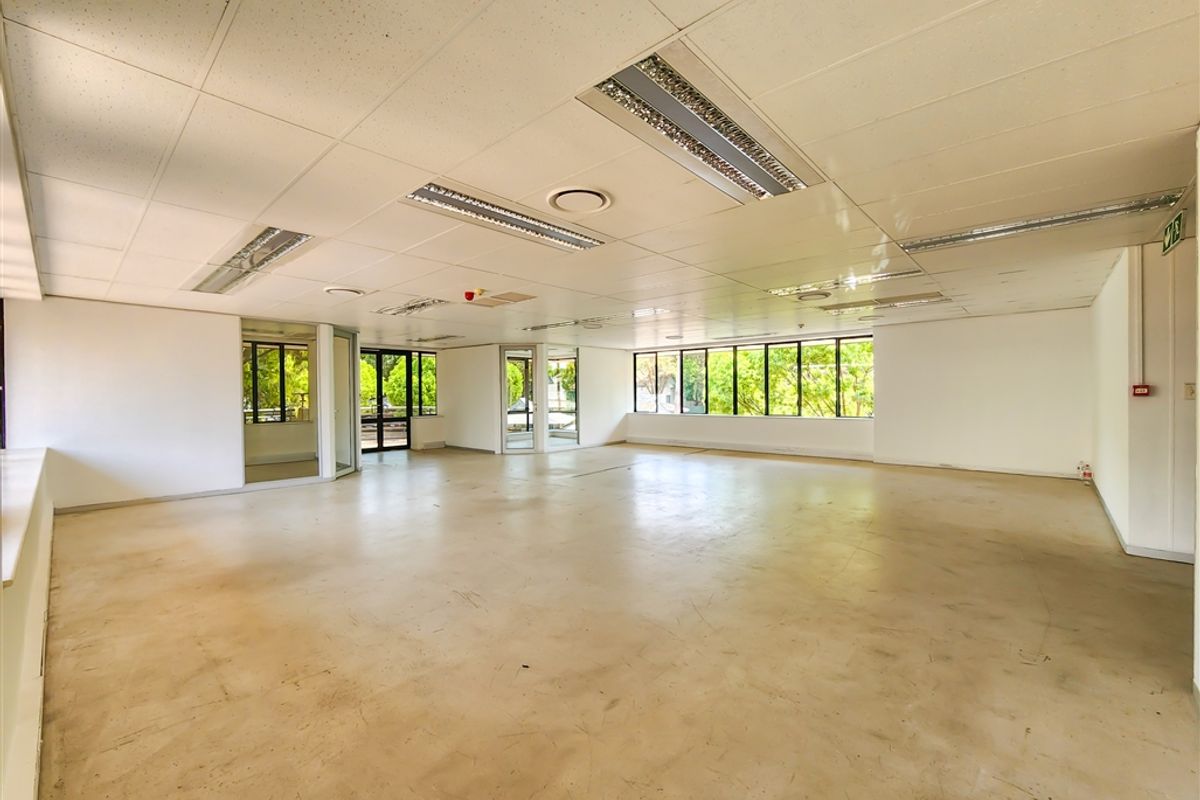 A spacious, vacant open-plan office area featuring a suspended ceiling, recessed lighting, and large windows providing ample natural light.
