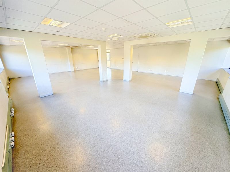 A spacious, open-plan office area featuring a suspended ceiling, recessed lighting, and durable vinyl flooring, offering a versatile workspace layout.