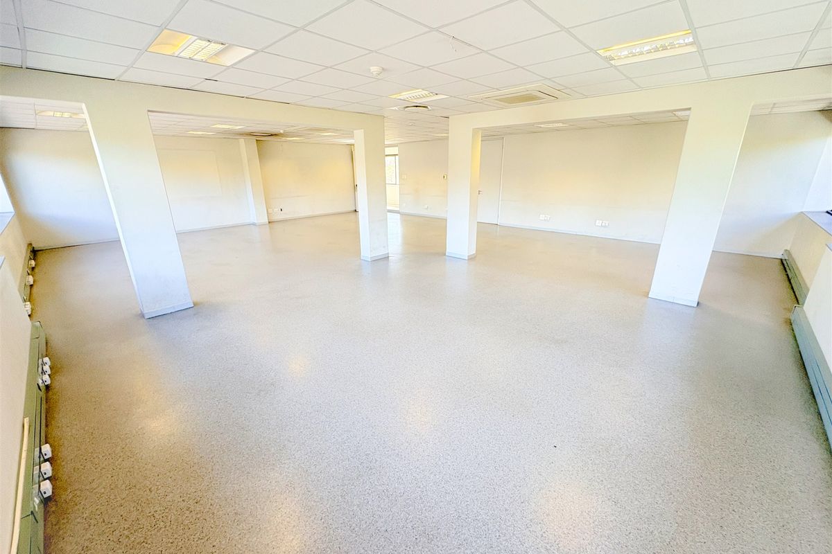 A spacious, open-plan office area featuring a suspended ceiling, recessed lighting, and durable vinyl flooring, offering a versatile workspace layout.