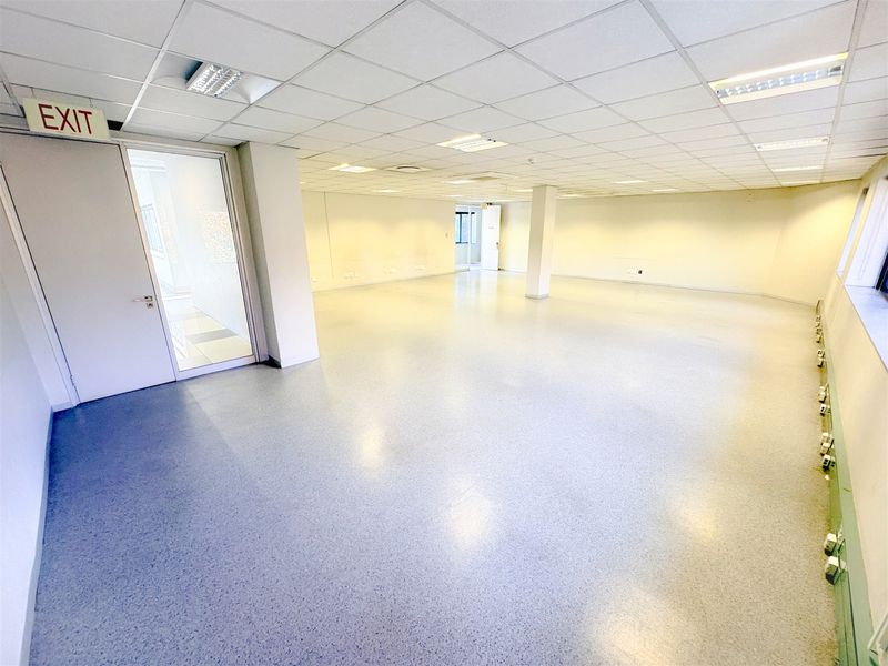 A spacious, open-plan office area featuring a suspended ceiling, recessed lighting, and durable vinyl flooring, providing a clean and versatile workspace.