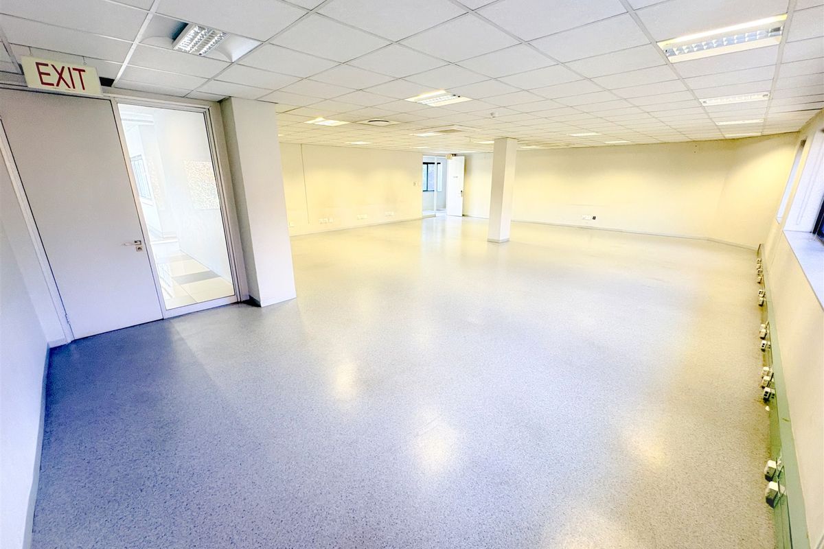 A spacious, open-plan office area featuring a suspended ceiling, recessed lighting, and durable vinyl flooring, providing a clean and versatile workspace.