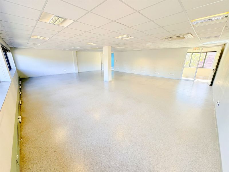 A spacious, open-plan office area featuring a suspended ceiling, recessed lighting, central air conditioning, and durable vinyl flooring.